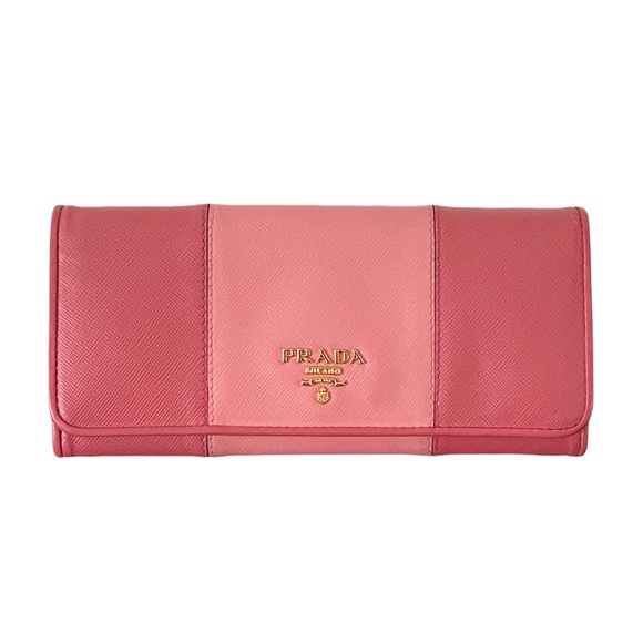 Prada pink saffiano leather two tone stripe gold hardware long wallet - Picture 1 of 14